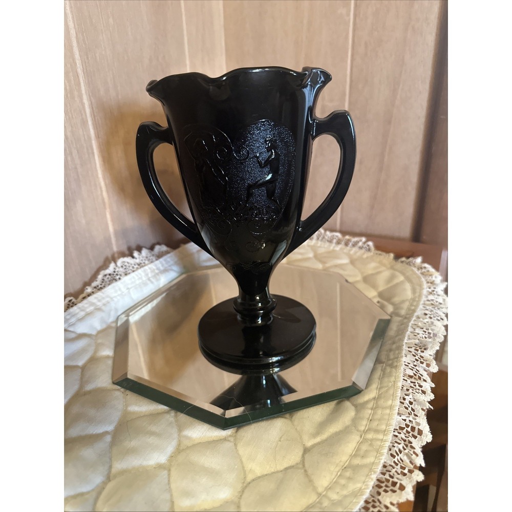 VTG 1930's LE SMITH Glass Black Amethyst 8" Trophy Vase Embossed Dancing Nymphs